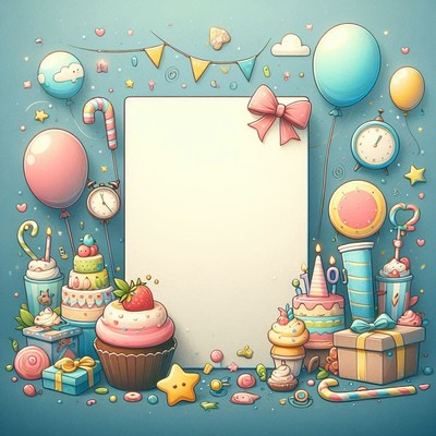A blank birthday card with cupcakes, balloons, and gifts