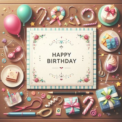 A happy birthday card with gifts, balloons, and cake