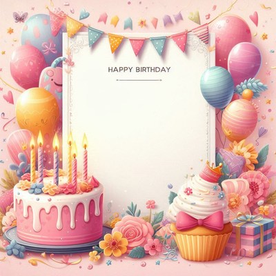 A birthday card with a cake, cupcake, and balloons