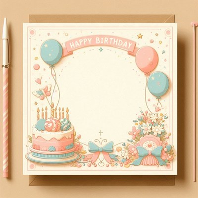 A pink and blue birthday card with balloons and a cake