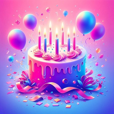 A birthday cake with lit candles and balloons