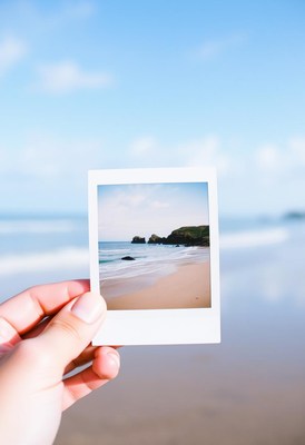 A hand holds a photo of a beach with rocks