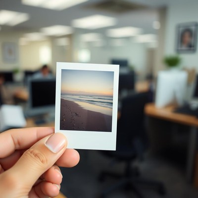 A hand holds a photo of a beach at sunset