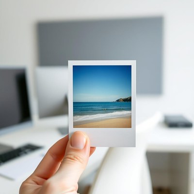 A hand holds a picture of a beach