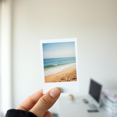 A hand holds a photo of a beach