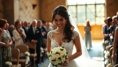 A bride walks down the aisle at her wedding