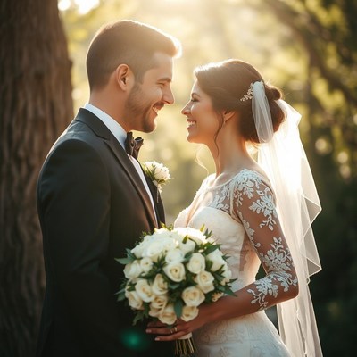 A couple beams at each other during their wedding