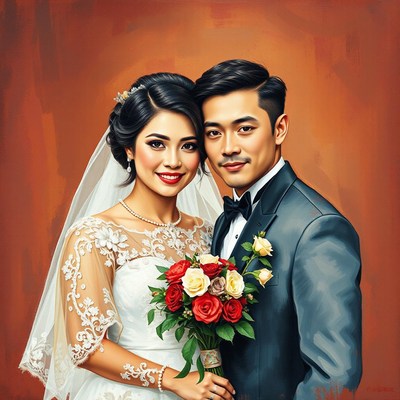 A bride and groom smile for a wedding portrait