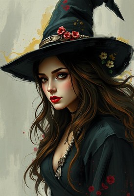 A witch with long brown hair stares intensely at the viewer