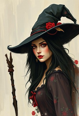 A witch with a black hat and red roses stands with a staff