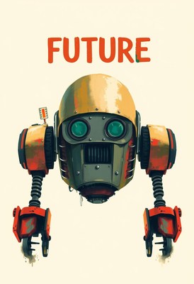 A yellow and red robot with the word future above it