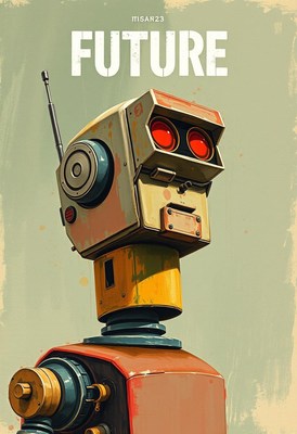 A vintage robot with red eyes stares ahead