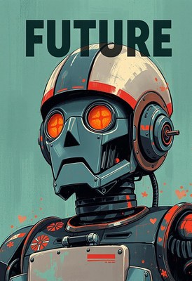 Robot with glowing eyes stares in digital art