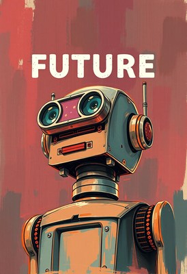 A robot stares forward, the word future looming above