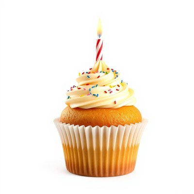 A vanilla cupcake with sprinkles and a lit candle