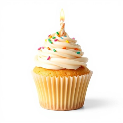 A single cupcake with a lit candle