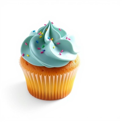 A blue frosted cupcake with colorful sprinkles