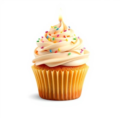 A single cupcake with a lit candle and sprinkles