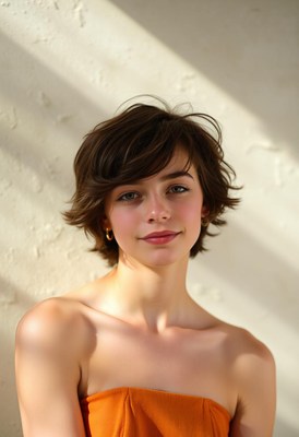 A woman with short brown hair smiles in the sunlight