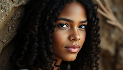 A woman with curly hair looks intensely at the camera