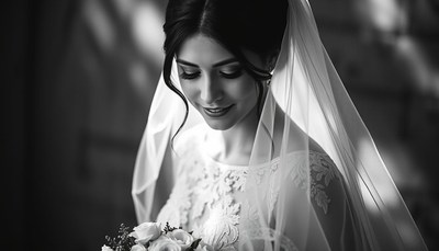 A bride smiles softly as she holds her bouquet