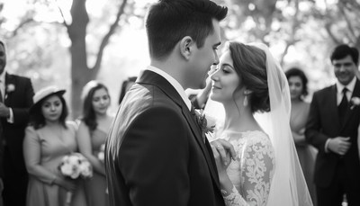 Bride and groom share a sweet moment at their wedding