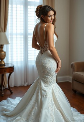 A bride poses in a white dress with lace detailing