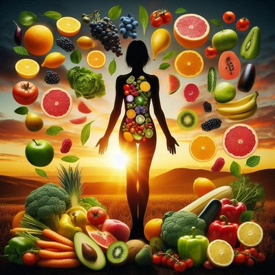 A woman in a sunset field of fruits and veggies
