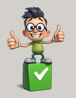 Cartoon man gives thumbs up on green checkmark