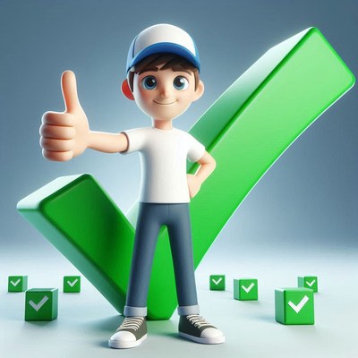 Cartoon boy thumbs up by green checkmark