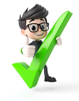 A cartoon character holds a green check mark
