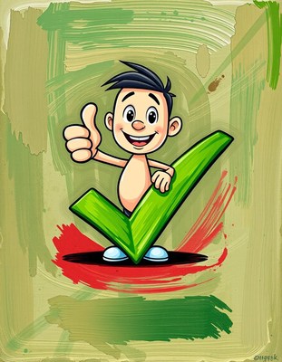 Cartoon boy thumbs up by a green checkmark