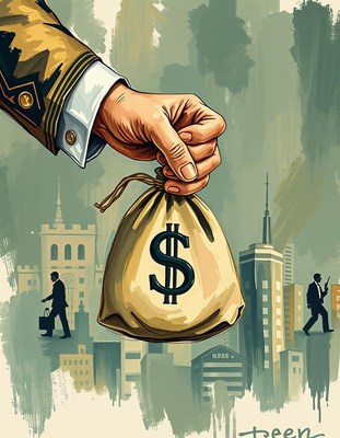 A large hand holds a bag of money over a city