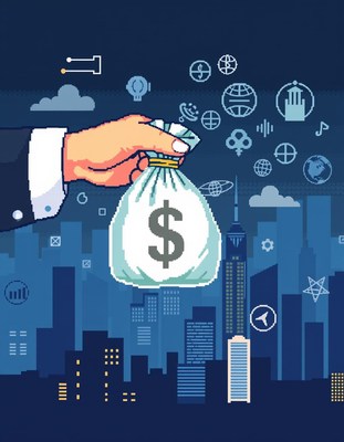 A hand holds a bag of money over a city skyline