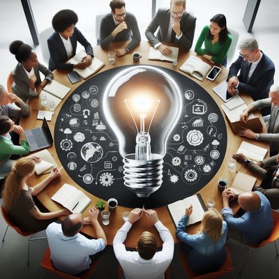 A team brainstorming around a lightbulb idea