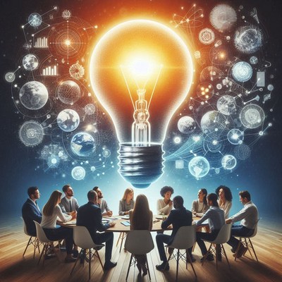 A team brainstorms ideas under a glowing lightbulb
