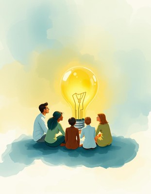 A group of people gather around a lightbulb