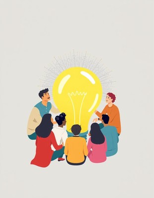 A group of people gather around a lightbulb