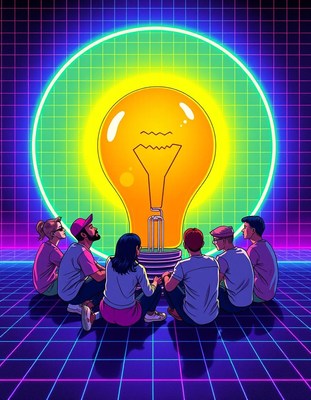 People gather around a lightbulb