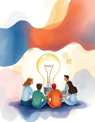 A group of friends gather around a light bulb