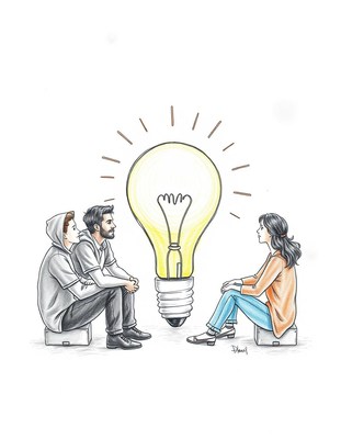 Three people are sitting around a light bulb, brainstorming