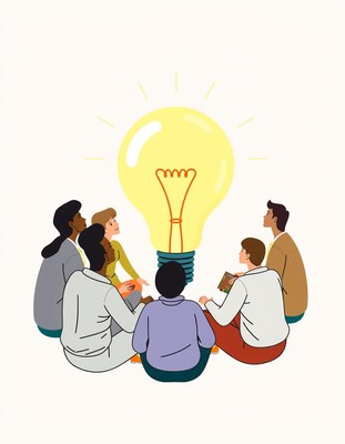 People are sitting in a circle around a light bulb