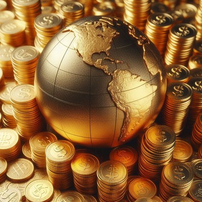 A golden globe sits on a pile of gold coins