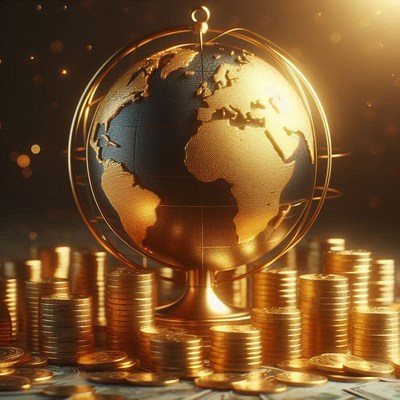 A golden globe sits on top of stacks of coins