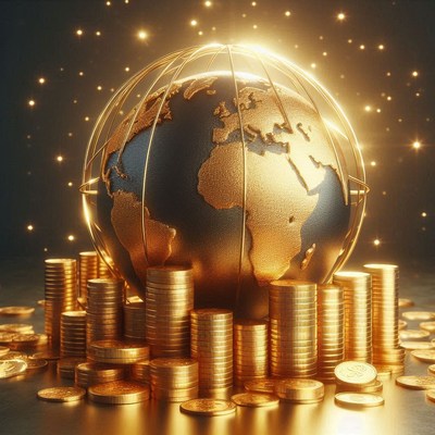 A golden globe sits on a pile of coins