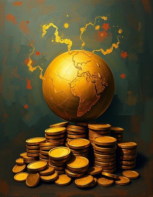 A golden globe sits on top of a pile of coins