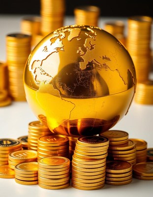 A gold globe sits atop stacks of gold coins