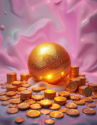 A golden globe sits on a pile of coins