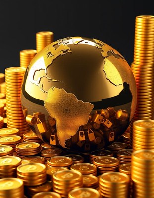 A golden globe sits on top of stacks of coins