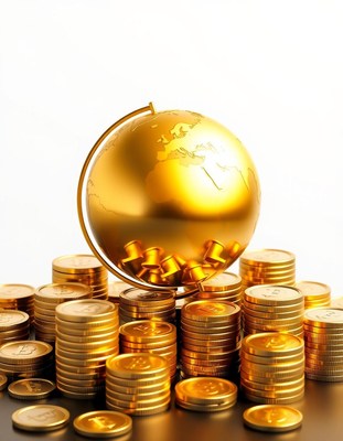 A golden globe sits on a pile of gold coins